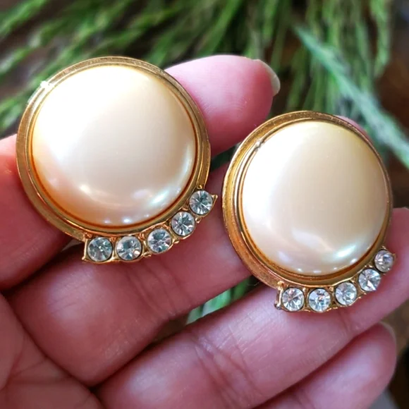 Authentic Vtg YSL Yves Saint Laurent Mabe' Pearl Rhinestone Cabochon Earrings